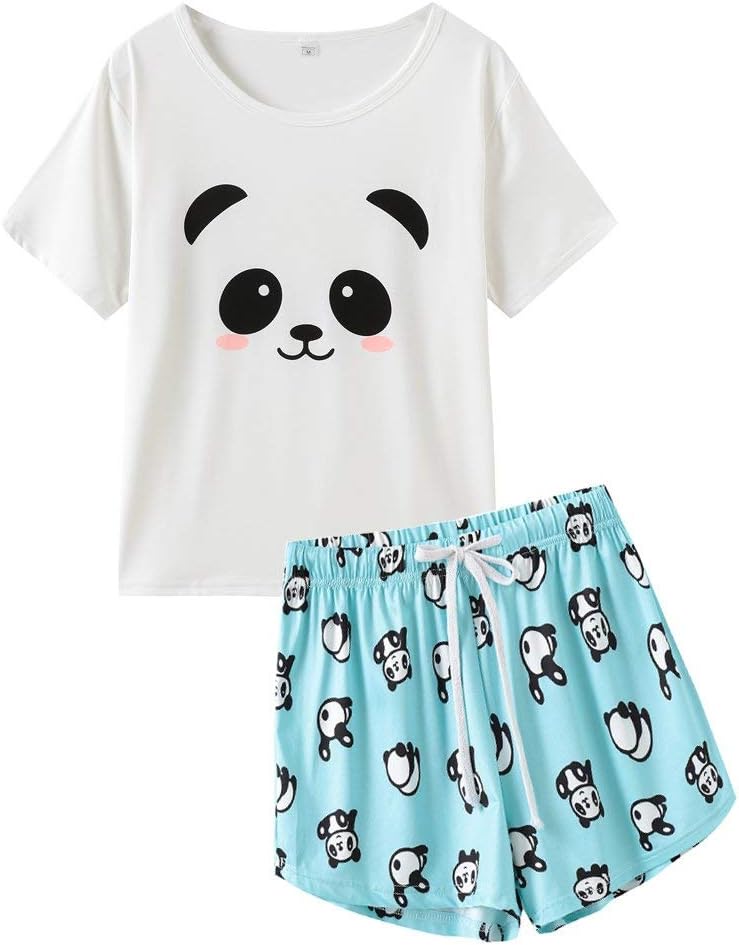 MyFavWomen Pyjama Set Cute Panda Pattern Short Sleeve Striped Shorts Sleepwear