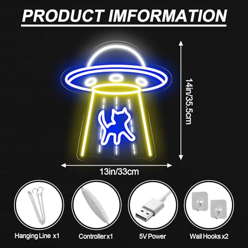 Image of UFO Neon Sign, UFO Cat Led Sign, Neon Led Wall Art, Game Room Neon Sign, Custom Neon Signs, Flying Saucer Bedroom Decor, Gift for Kids, 14 inchx13 inch