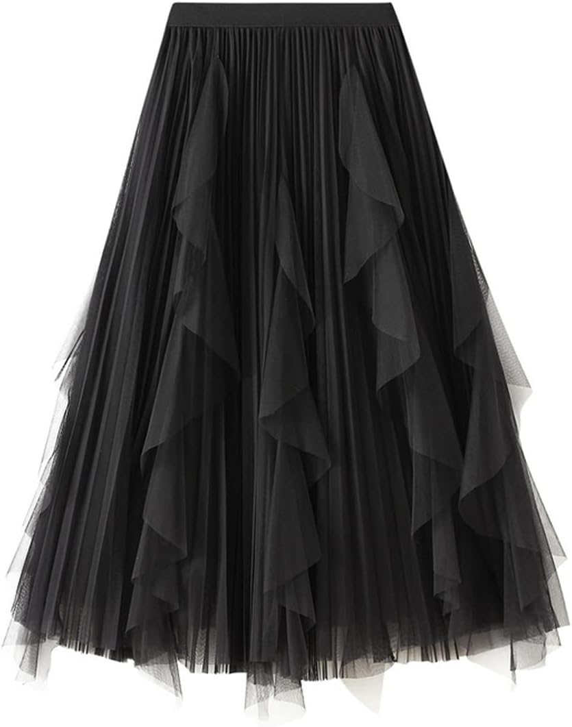 Femiserah Women's Slim A-Line Fairy Elastic Waist Tulle Midi Skirt Ruffle Pleated Mesh Skirt