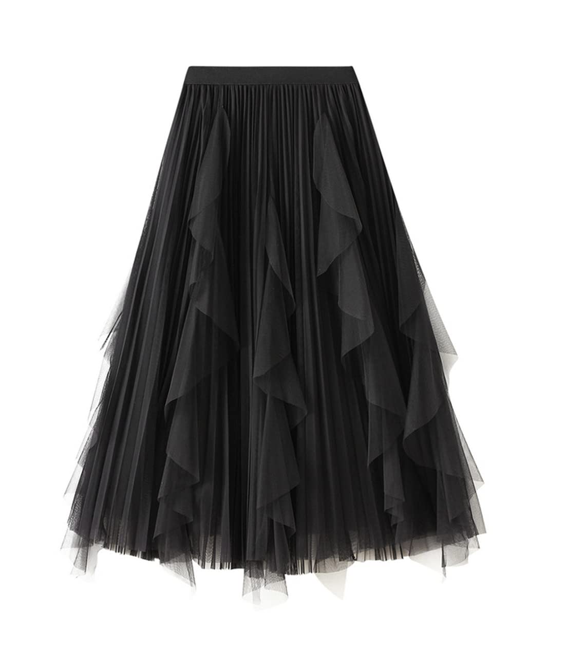 Femiserah Women's Slim A-Line Fairy Elastic Waist Tulle Midi Skirt Ruffle Pleated Mesh Skirt