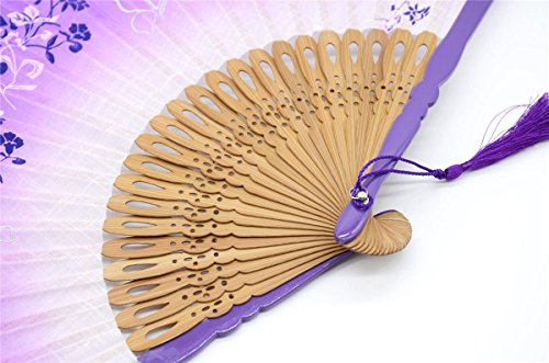 Omytea® 8.27"(21Cm) Women Hand Held Silk Folding Fans With Bamboo Frame - With A Fabric Sleeve For Protection For Gifts - Chinese/Japanese Style Butterflies & Morning Glory Flowers Pattern (Purple) #TOP3