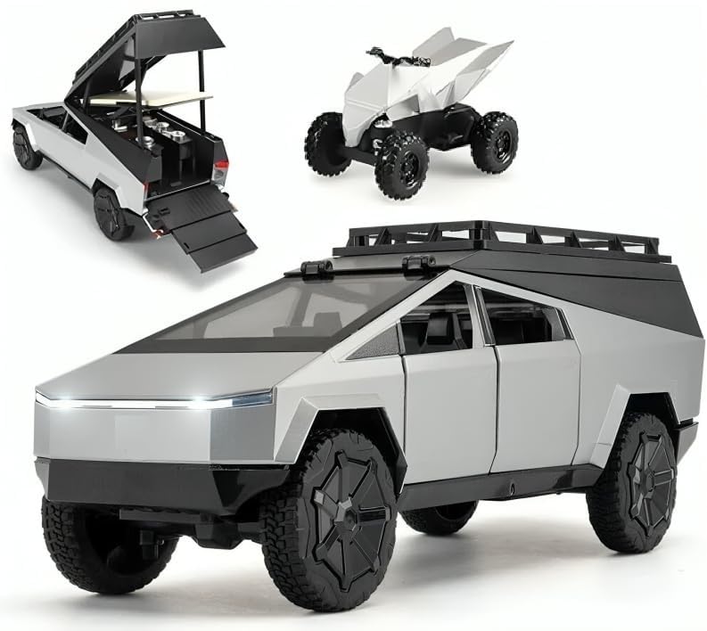 Image of Sky Tech Tesla Cyber truck Camping Pickup RV with Motorcycle 1:32 Model Car Alloy Metal Pull Back Die-cast Car Metal Toy car with Openable Doors & Light Music Best Gifts Toys Kids【Colors as Per Stock】