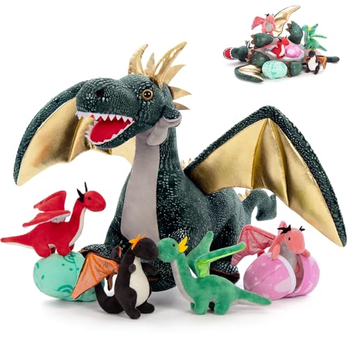 Image of Dragon Plush Toy with 4 Babies, 21.7 inch Stuffed Animal, Dark Green