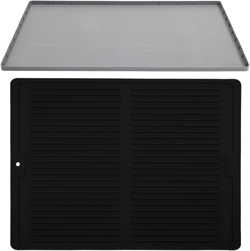Gorilla Grip Waterproof Silicone Under Sink Mat for Kitchen and Dish Drying Mat for Counter, Mat Size 19x22 Gray, Raised Lip, Dish Mat Size 13x11 Black, 100% BPA-Free, 2 Item Bundle