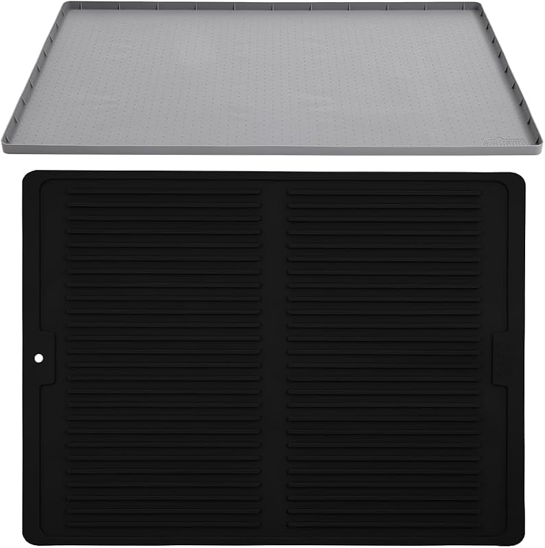 Gorilla Grip Waterproof Silicone Under Sink Mat for Kitchen and Dish Drying Mat for Counter, Mat Size 19x22 Gray, Raised Lip, Dish Mat Size 13x11 Black, 100% BPA-Free, 2 Item Bundle