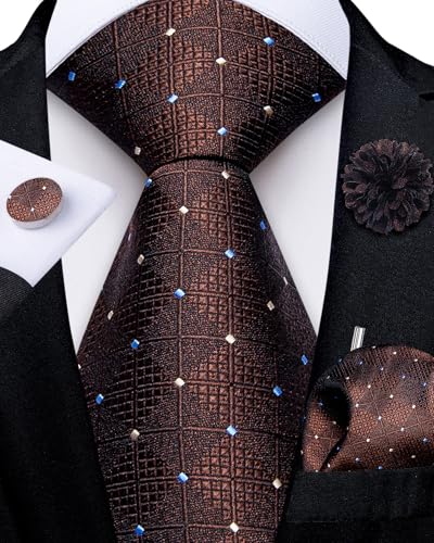 Image of DiBanGu Mens Zipper Tie Silk Pre-Tied Necktie with Gift Box | Jacquard Woven,Paisley Solid Plaid Pattern,6PCS with Pocket Square,Cufflinks and Lapel Pin,for Wedding Party Formal Business