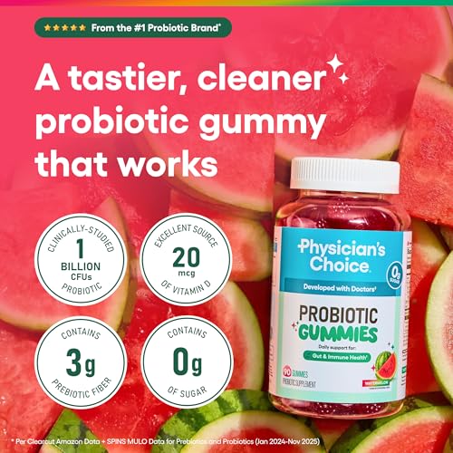 Image of Physician's CHOICE Probiotic Gummies with Vitamin D & Prebiotic Fiber - Sugar Free - 1B CFUs of Clinically Studied Probiotic - Supports Immune & Gut Health for Women & Men - Watermelon Flavor - 60CT