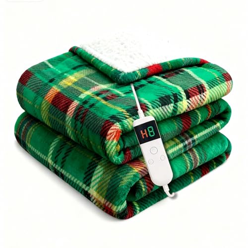 Image of Electric Blanket Heated Throw, Soft Flannel 50 inchx60 inch Plaid Heating Blanket with 8 Hours Auto Off 10 Fast Heating Levels Machine Washable Sherpa Heated Blanket with Overheating Protection