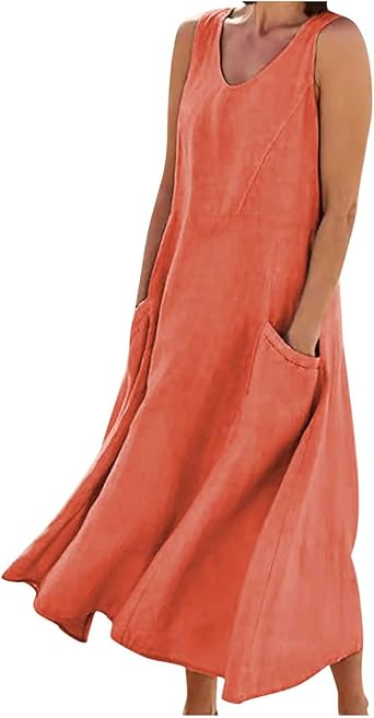 Casual Dress for Women Crewneck Cotton Linen Beach Dresses with Pockets Sleeveless Lightweight Solid Trendy Dresses