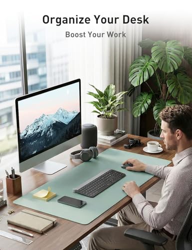 Image of Aothia Faux Leather Desk Mat - Non-Slip PU Leather Desk Blotter, Waterproof Writing Surface, Large Desk Pad for Office & Home (Light Blue, 55 inch x 17 inch)