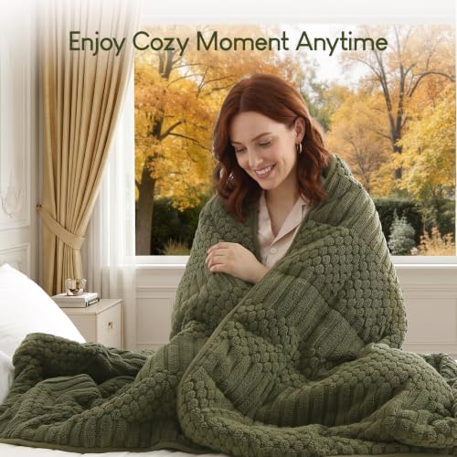 Image of Cottonblue Sherpa Fleece Weighted Blanket 15 lbs for Adults Queen Size, Soft Fuzzy Jacquard Weighted Blankets Throw 60 inch x 80 inch for Sleep Relax, Cozy Warm Knitted Heavy Blanket for Bed Sofa, Army Green