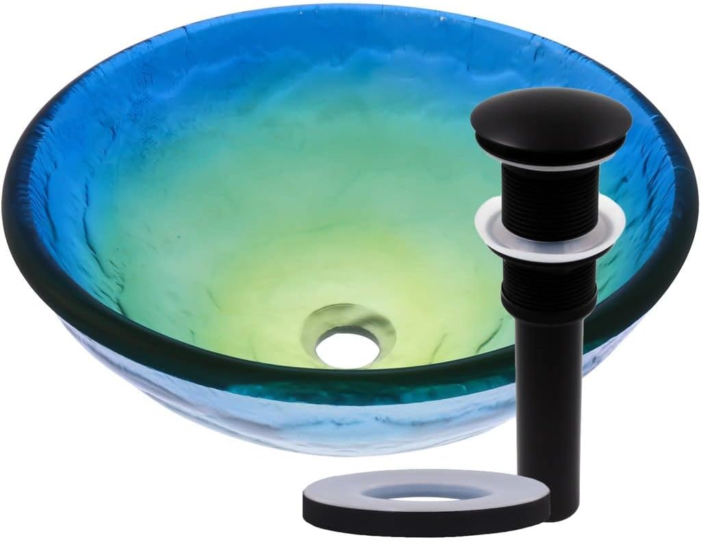 Miseno MNO-191 Circular 16-1/2" Tempered Glass Vessel Bathroom Sink - Flat Black Drain