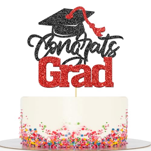 BOBYIYI Congrats Grad Cake Topper 2026 Graduation Party Decorations Class of 2026 Graduation Party Decorations for High School 2026 Grad Party Decor Black Red Glitter