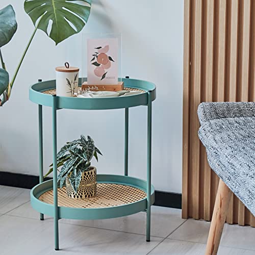 Alpome Rattan Round Metal End Table 2-Tier Side Table Round Coffee Table For Sofa Living Room Bedroom Balconytea Table Outdoor Indoor (Green) #TOP5