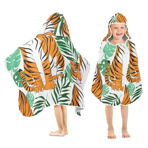 Burbuja Tigers Tropical Leaves Hooded Bath Towel for Kids, Soft Absorbent Plush Beach Towel Wrap for Girl Boy Shower 3-10 Yrs, 24x50 in