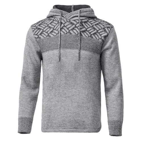 Men's Casual Cable Knit Drawstring Hoodies Pullover Sweater Color Block Long Sleeve Sweater