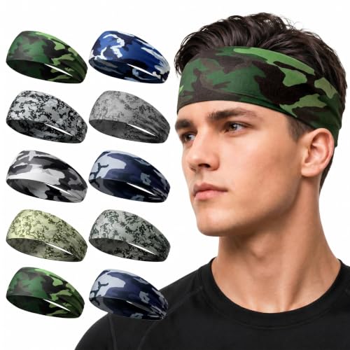 Image of 9 pcs Sweatbands for Men Workout Sport Headbands for Men Camo Headband Sweat Absorbing Headband Wide Sweatband for Head Basketball Football Cycling Running Yoga, 4.7 x 9.8 Inch