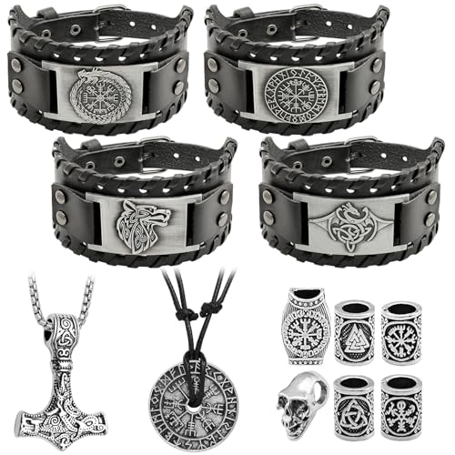 12 Pcs Viking Bracelet Nordic Amulet Accessories for Men Rune Compass Dragon Fenrir Wolf Bracelet Norse Talisman Necklace Viking Hair Accessories for Men Women