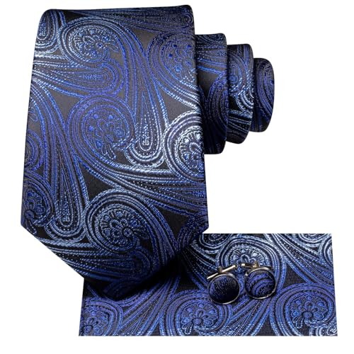 Image of Dubulle Mens Black Blue Paisley Floral Tie for Men Striped Necktie and Pocket Square Cufflinks Set Wedding Business