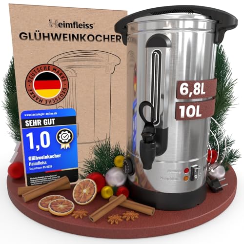 Heimfleiss® Glühweinkocher 10L aus Edelstahl | 1500W Einkochautomat für Glühwein & Punsch | Glühweintopf mit Zapfhahn, Thermostat & Überhitzungsschutz | Heissgetränkespender Heißgetränkeautomat