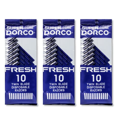 Dorco Fresh Twin Blade Disposable Razors for Men (30 Counts), Smooth & Comfortable Shave, Shaving Razors for Men, Non-Slip Handle, Ideal for Sensitive Skin & Travel