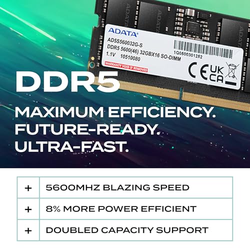 Image of ADATA DDR5 5600 SO-DIMM Memory Module - 32GB High Bandwidth Laptop Memory Module (RAM) - High-Speed 5600MHz - Automatic Error Correction - Compatible with AMD & Intel Platforms - AD5S560032G-S