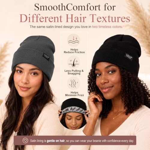 Image of 2 Pack Satin Lined Beanies for Men and Women Warm Cuffed Winter Hats | 60% cotton and 40% acrylic knit with smooth satin lining, stretch fit, cuffed ear coverage, and two-hat value for winter wear