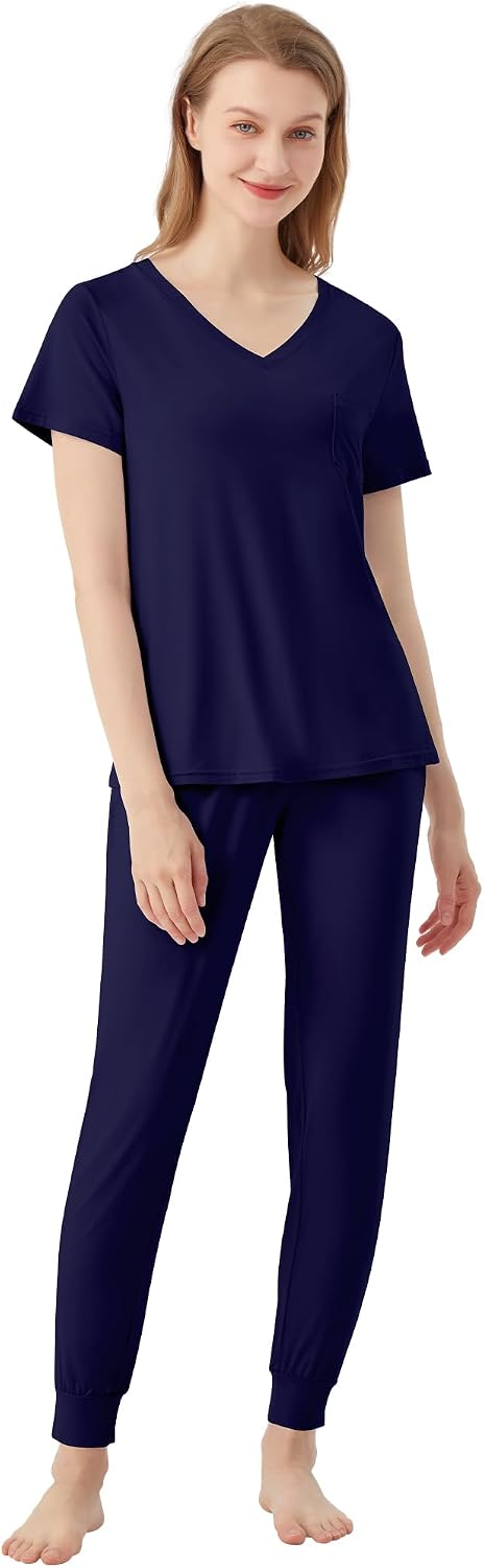 Pajamas for Women Short Sleeve Top Jogger Pants Sleepwear Viscose from Bamboo Pjs with Pocket S-XXL