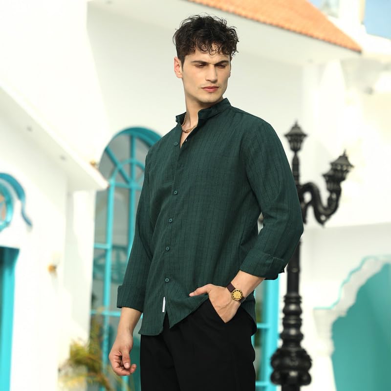 Image of CAHOOT Men Emerald Green Pinstriped Tactile Shirt for Casual Wear Mandarin Collar Long Cuffed Sleeves Button Closure Crafted with Comfort Fit Everyday