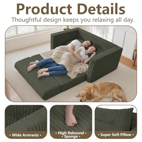 Image of HABUTWAY 49.8 inch Loveseat Boneless Couch, 4-in-1 Convertible Sofa Bed, Plush Fur Folding Futon Sofa Bed Couches with a Pillow for Living Room, High-Density Foam Support, No Assembly Required, Green