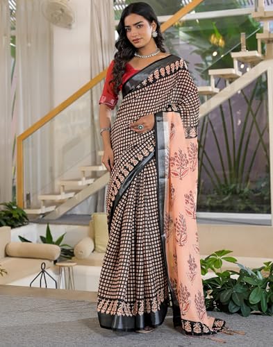 Image of SIRIL Women's Printed Cotton Saree with Unstitched Blouse Piece