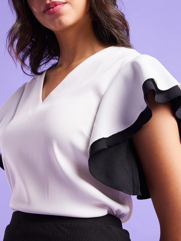 Image of FableStreet Colour Block Bell Sleeves Top - White and Black