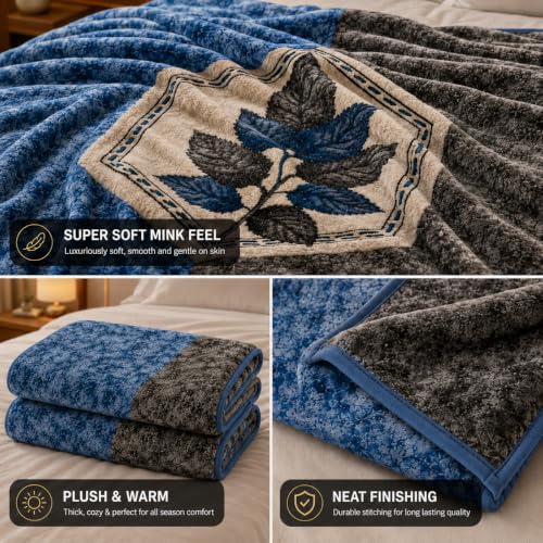 Image of Signature All Season Double Bed Blanket | Super Soft Plush, Lightweight & Cozy | 220 x 240 cm | 2.5 kg | Multi-Color Vibrant Print | Ideal for Winter, AC Use & Gifting (Blue Grey)