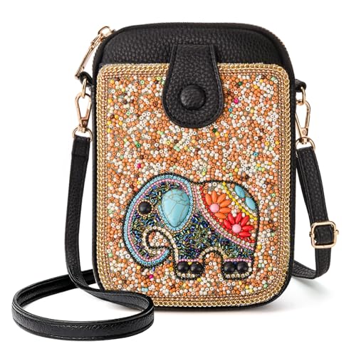 Ayuoejik Small Beaded Crossbody Bag for Women, Boho Cell Phone Shoulder Purse Wallet (Elephant-Brown)