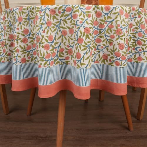 Image of Encasa XO Dining Table Cloth, Jaipuri Block Print Cotton Cover Pink | 60 inch Round | 4 Seater | Handcrafted Floral Pattern | Durable & Easy Care | Indoor & Outdoor Table Protector