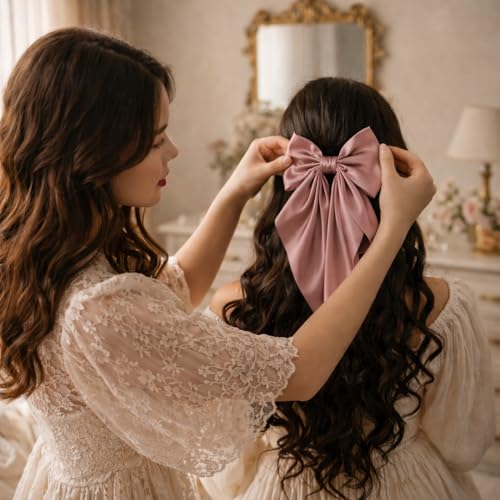 Image of 2 Pack Off White and Pink - Bows for Women, Clips for Womens - Hair Clips for Womens - Luxury Satin Hair Bow Clips for Women and Girls, Cute Hair Accessories for Girls