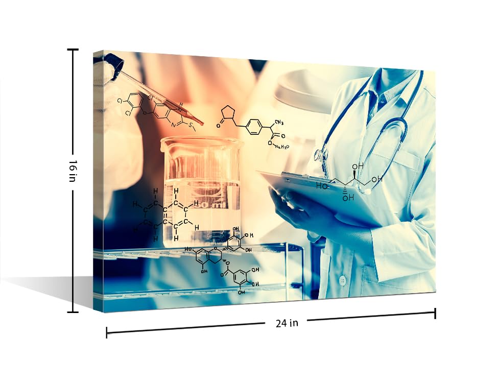 Image of Young Scientist Canvas Paintings Wall Art Home Decor Scientist Writing Report with Equipment and Science Experiments Artwork Home Decor 1 Pieces Posters and Prints Framed Ready to Hang (16 inchWx24 inchH)