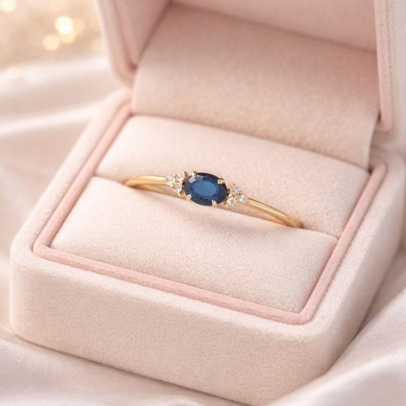 Oval Cut Blue Sapphire Ring for Women Minimal Gold Band with Diamond 14K Yellow Gold Handmade Promise Engagement Ring September Birthstone Gift For Wife