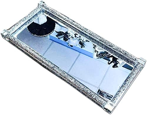 Crushed Diamond Tray Trimmings Crystal Filled Kitchen Silver Rectangular Serving Platters - 14.5 Inches Rectangle Serving Glass Platters Dishes Dinner Plates for Meat, Appetizers,Dessert,Sushi,Party