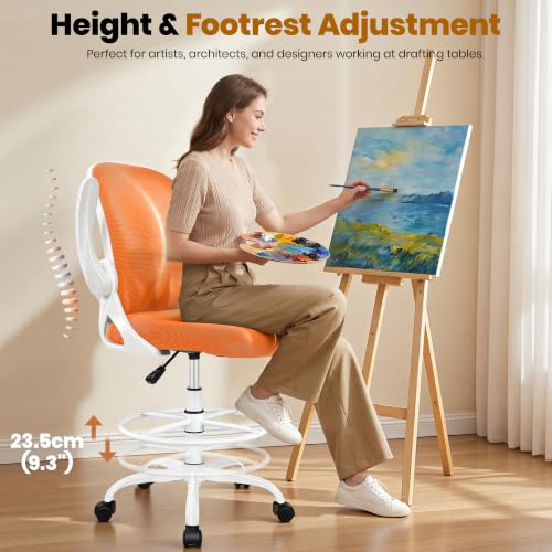 Image of Primy Drafting Chair Tall Office Chair with Flip-up Armrests Executive Ergonomic Computer Standing Desk Chair with Lumbar Support and Adjustable Footrest Ring (Sunset Orange)