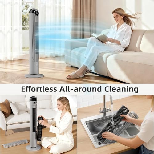 Image of Antarctic Star Tower Fan, 41 Inch DC Motor Bladeless Oscillating Fan with Remote, 6 Speeds & 4 Modes, LED Display, 9H Timer, Quiet Floor Standing Fan for Bedroom Living Room Office, Grey