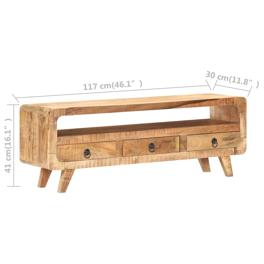 Hothingwell Szafka pod telewizor z litego drewna mango surowe 117x30x41 cm | 3 szuflady, 1 przegródka, miejsce na DVD i konsole, unikalne dzięki naturalnym smugom