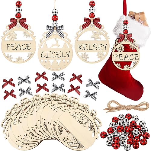 Vicenpal 12 Set Christmas Stocking Name Tags Xmas DIY Wooden, Circular