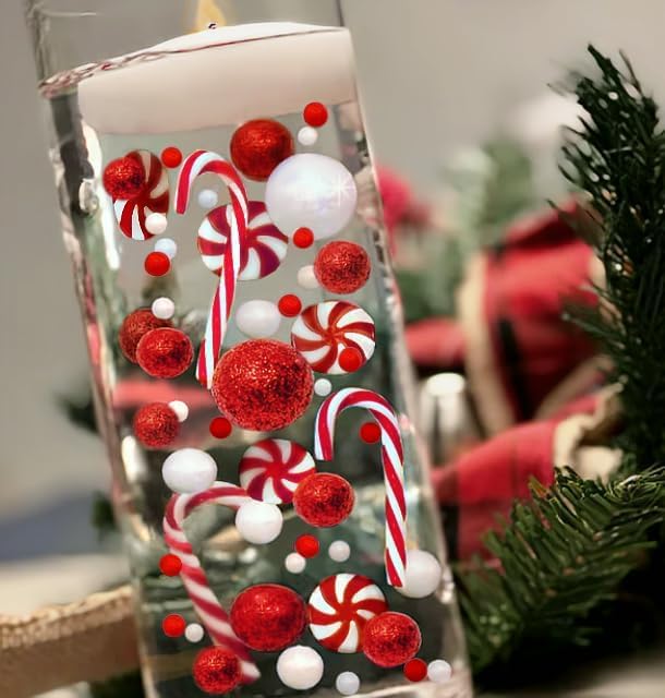 50 Floating Realistic Christmas Red & White Peppermints-Candy Canes-Fills 1 Gallon for Your Vases-with Measured Transparent Water Gels Floating Kit-Warm White Submersible Fairy Lights