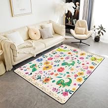 Erosebridal Kawaii Dinosaur Area Rug 3x5, Cute Dino Animals Non Slip Rectangular Carpet, Cartoon Wildlife Printed Kids Boys Indoor Floor Mat For Bedroom Living Room, Beige Green Flowers Decorative Rug