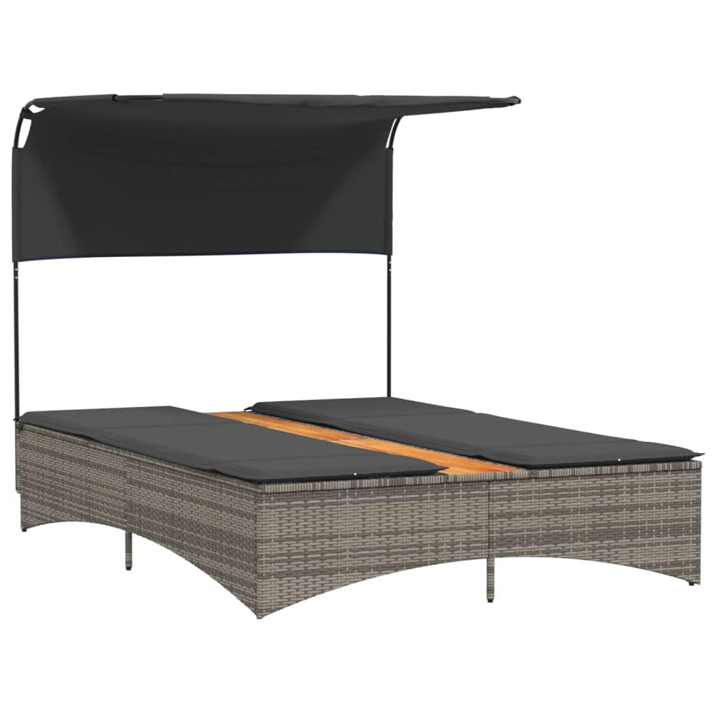 Doppel-Sonnenliege klappbar mit verstellbarem Dach 136 x 202 x 140 cm Poly-Rattan Akazienholz Gartenliege grau wetterfest für Balkon Terrasse Garten