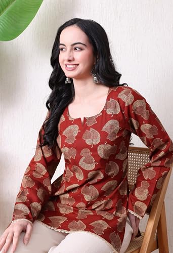Image of MEERA FAB Women's Floral Printed Cotton Short Top | Floral Printed Kurta with Full Sleeves | Short Kurti for Women
