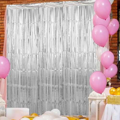 Image of Crosize 8 Pack 3.3 x 9.9 ft Sliver Foil Fringe Curtains Party Decorations, Sliver Tinsel Curtain Backdrop for Parties, Door Streamers, Glitter Streamer Backdrop for Birthday Decoration