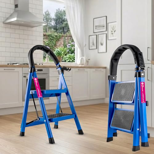 Image of Casa Copenhagen Blue 2 Step Ladder for Home Use with Built-in Tool Tray | Heavy Duty D Shape Rods | Ultra Large Platform | Wide Rubber Feet | 150Kg Capacity Foldable Ladder - 7 Years Warranty