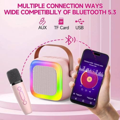 Mini Karaoke Machine for Kids with 2 Wireless Microphones Portable Bluetooth Speaker, LED Disco Lights & Voice Changer, Great Birthday Gift for Girls Ages 3-12, Perfect for Family Parties and Home - Image 5